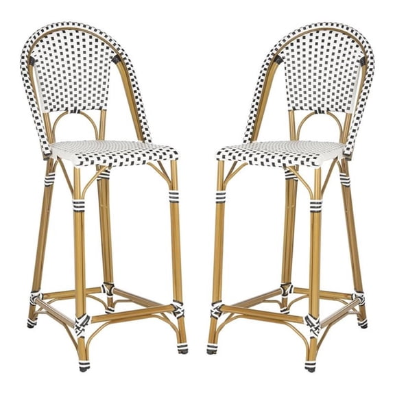 Pemberly Row 30" Wicker/Rattan Stackable Bar Stool in Black/White