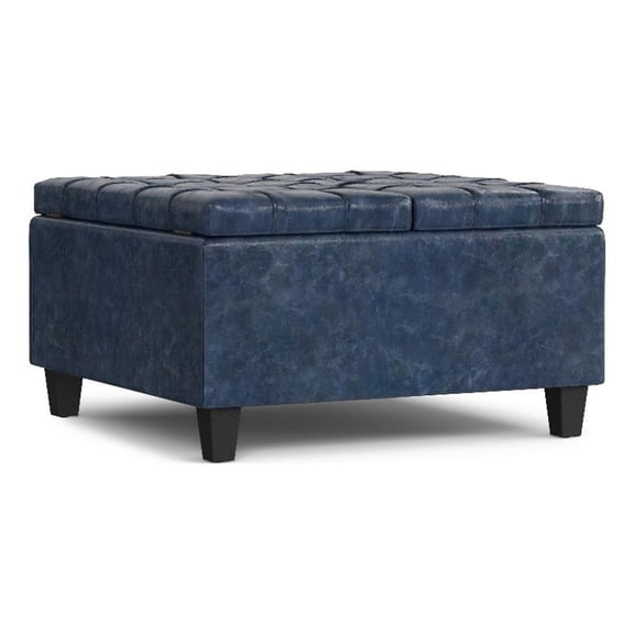 Pemberly Row 30" Wide Coffee Table Storage Ottoman in Blue Vegan Faux Leather