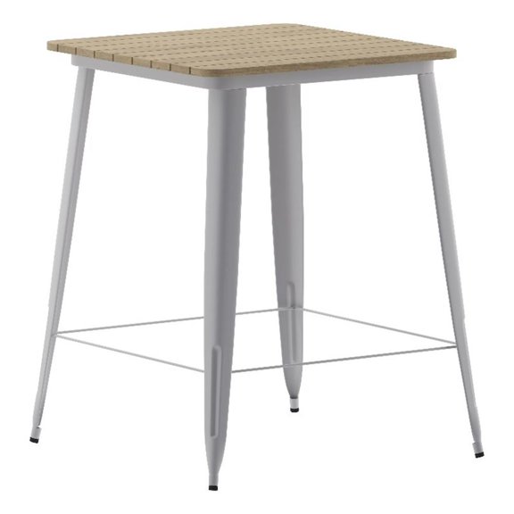 Pemberly Row 31.5" Poly Bar Top Restaurant Table with Frame in Brown/Silver