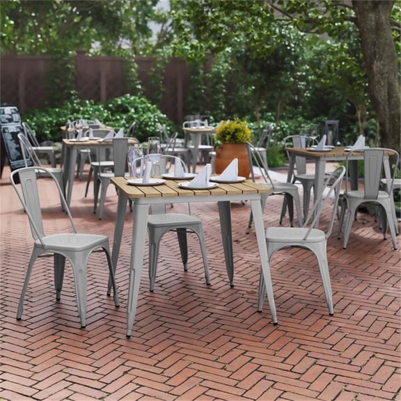 Pemberly Row 31.5" Poly Resin Restaurant Table with Steel Frame in Brown/Silver