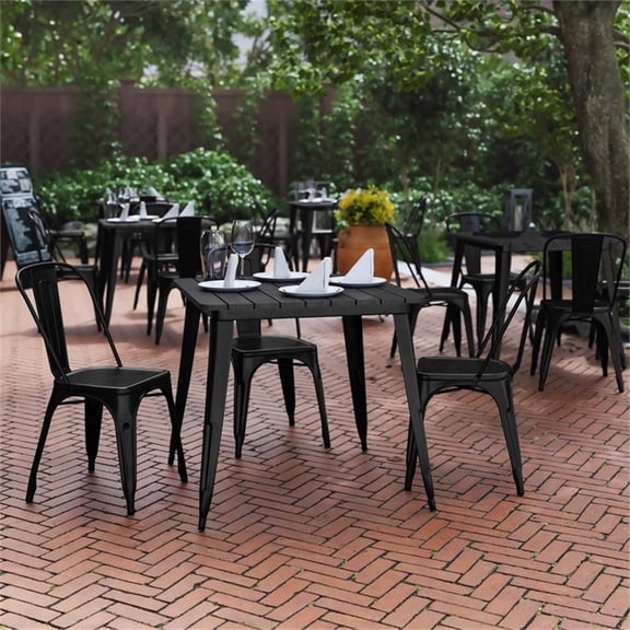 Pemberly Row 31.5" Square Poly Resin Restaurant Table with Steel Frame in Black