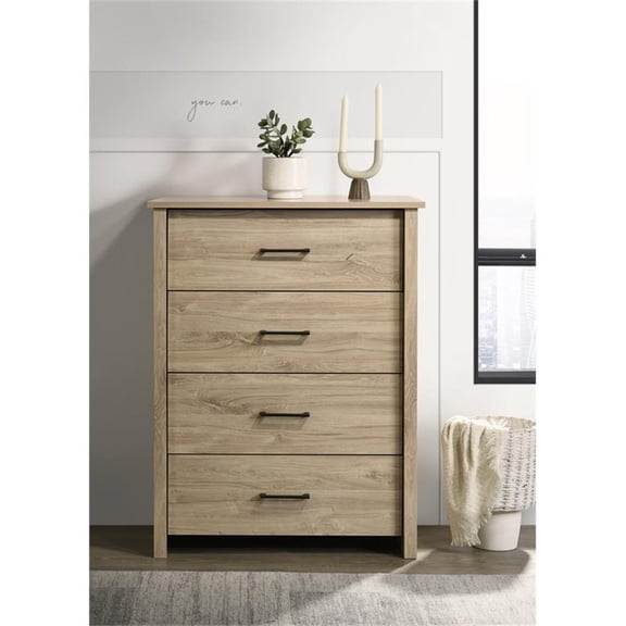Pemberly Row 32" Light Oak Engineered Wood 4-Drawer Chest with Black Handles