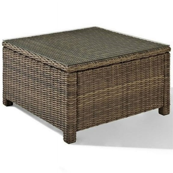 Pemberly Row 32" Square Glass Top Patio Coffee Table in Brown