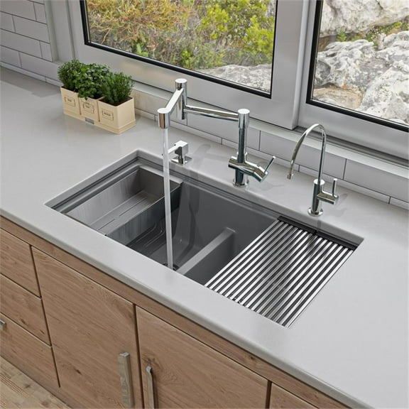 Pemberly Row 33" Granite Composite Workstation Double Bowl Undermount Sink