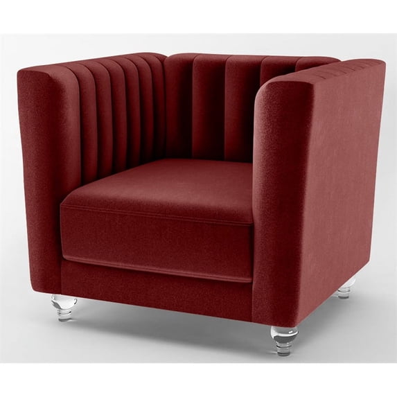 Pemberly Row 34" Channel Tufted Modern Velvet Armchair in Wine Red