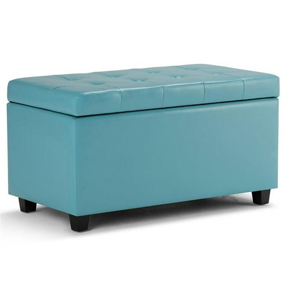 Pemberly Row 34" Rectangle Storage Ottoman in Soft Blue Faux Leather