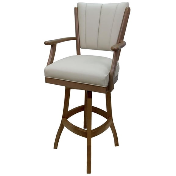 Pemberly Row 34" Wood Swivel Extra Tall Bar Stool with Arms in Beige Vinyl/Oak