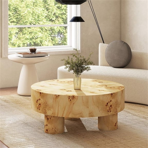 Pemberly Row 35.5" Round Pillar Leg Coffee Table in Warm Natural Brown