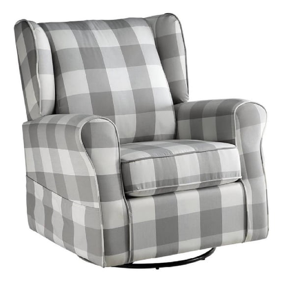 Pemberly Row 35 Inch Swivel Glider Accent Chair in Checkered Light Gray Fabric