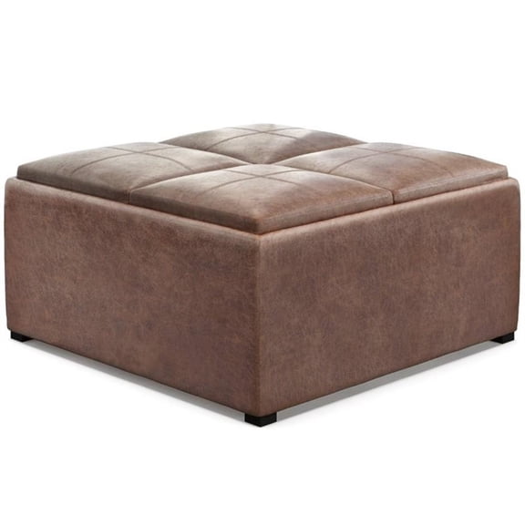 Pemberly Row 35" Square Faux Leather Coffee Table Ottoman in Umber Brown