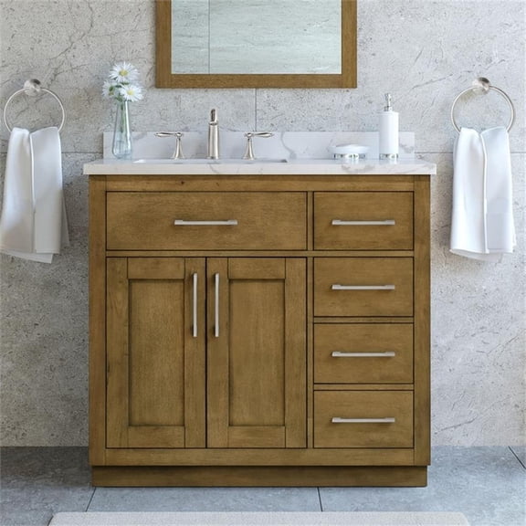 Pemberly Row 36" Almond Latte Bathroom Vanity with White Countertop & Power Bar