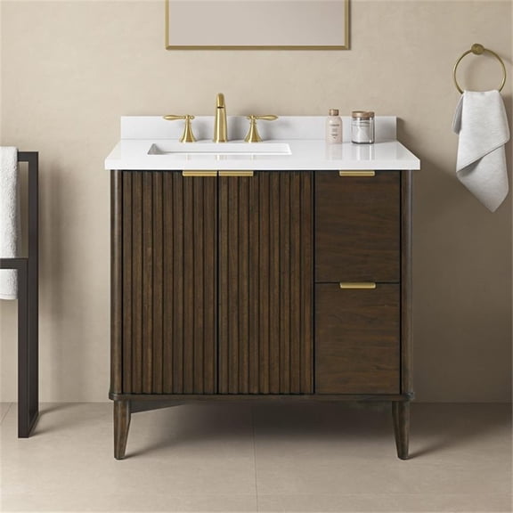 Pemberly Row 36" Bathroom Vanity in Dark Walnut with White Countertop