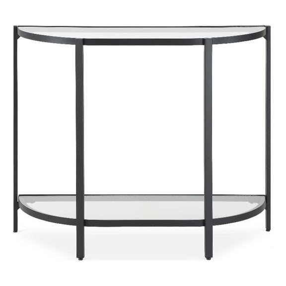 Pemberly Row 36-Inch Demilune Glass Console Table with Shelf in Black Iron
