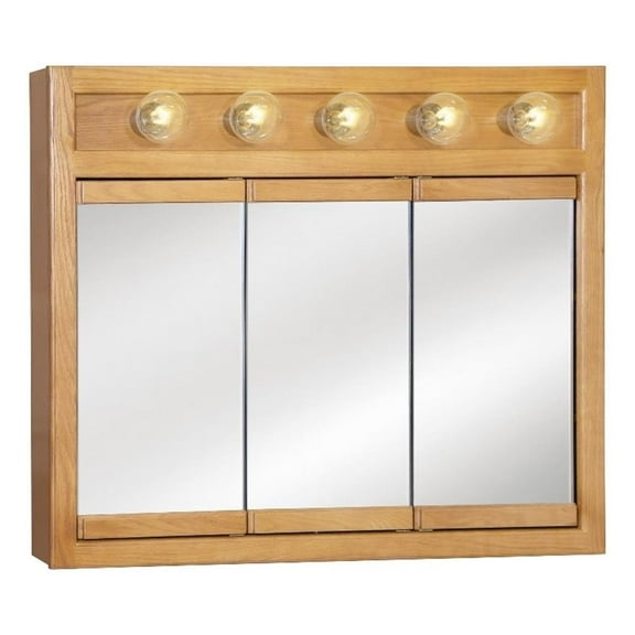 Pemberly Row 36-Inch Wood Medicine Cabinet with Lights in Nutmeg Oak