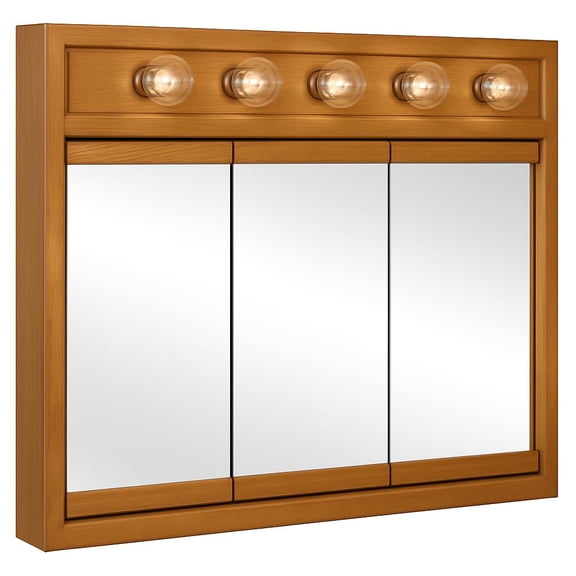 Pemberly Row 36-Inch Wood Medicine Cabinet with Lights in Nutmeg Oak