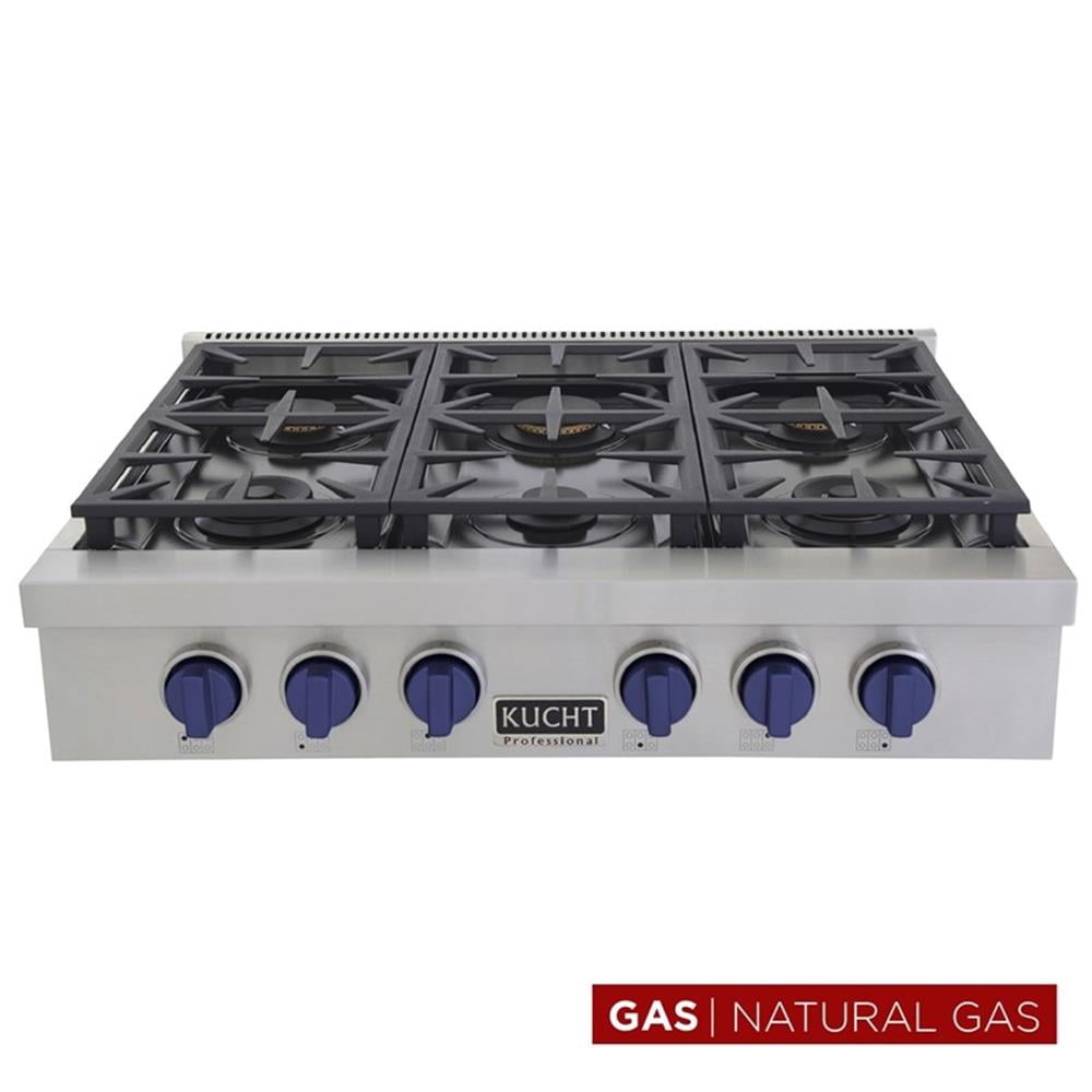 Pemberly Row 36" Natural Gas Range Top in Stainless Steel with Royal Blue Knobs
