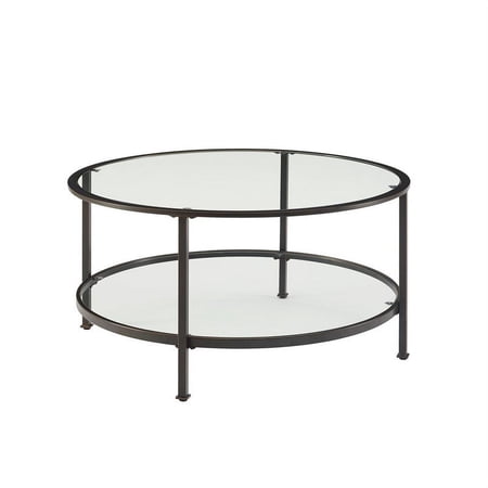 Pemberly Row 36" Round Glass Top Accent Coffee Table in Oil Rubbed Bronze