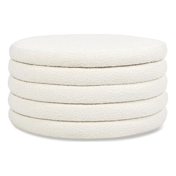 Pemberly Row 36" Round Upholstered Storage Cocktail Ottoman Ivory White Boucle