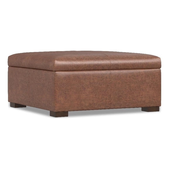 Pemberly Row 36" Square Coffee Table Storage Ottoman in Saddle Brown