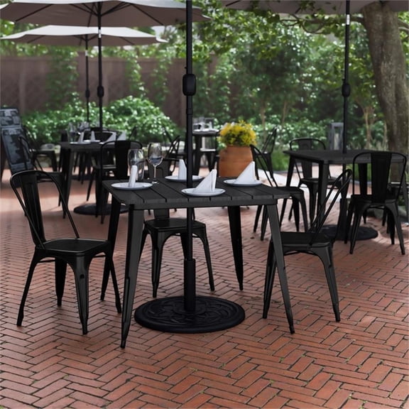 Pemberly Row 36" Square Poly Resin Restaurant Table with Umbrella Hole in Black