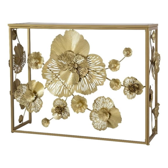 Pemberly Row 39" Iron Console Table with Mirrored Top and Floral Design in Gold