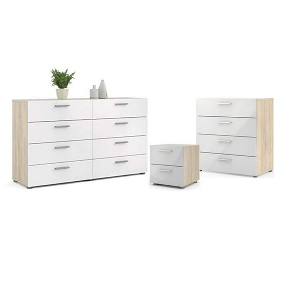 Pemberly Row 3PC Set of Nightstand 7 Chest & Double Dresser in Oak & White Gloss