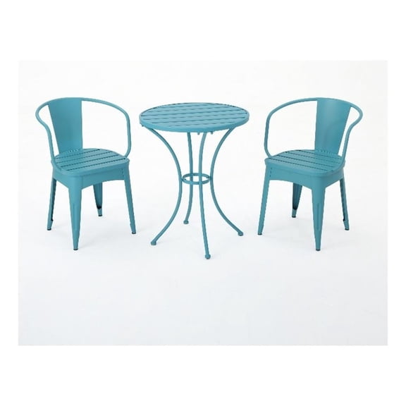 Pemberly Row 3Pc Outdoor Bistro Table Set w/ 2 Chairs in Teal Blue Slatted Iron