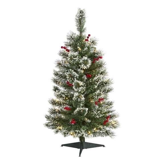 Pemberly Row 3ft Frosted Swiss Pine Christmas Tree with50 Clear LED and Berries