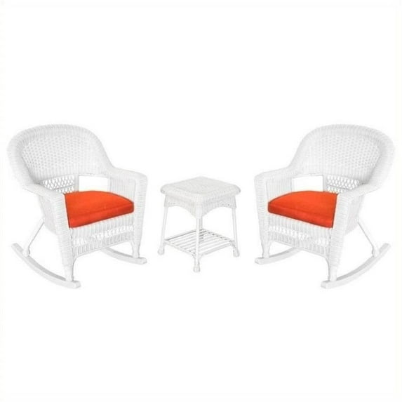 Pemberly Row 3pc Rocker Wicker Chair Set in White with Red Cushion