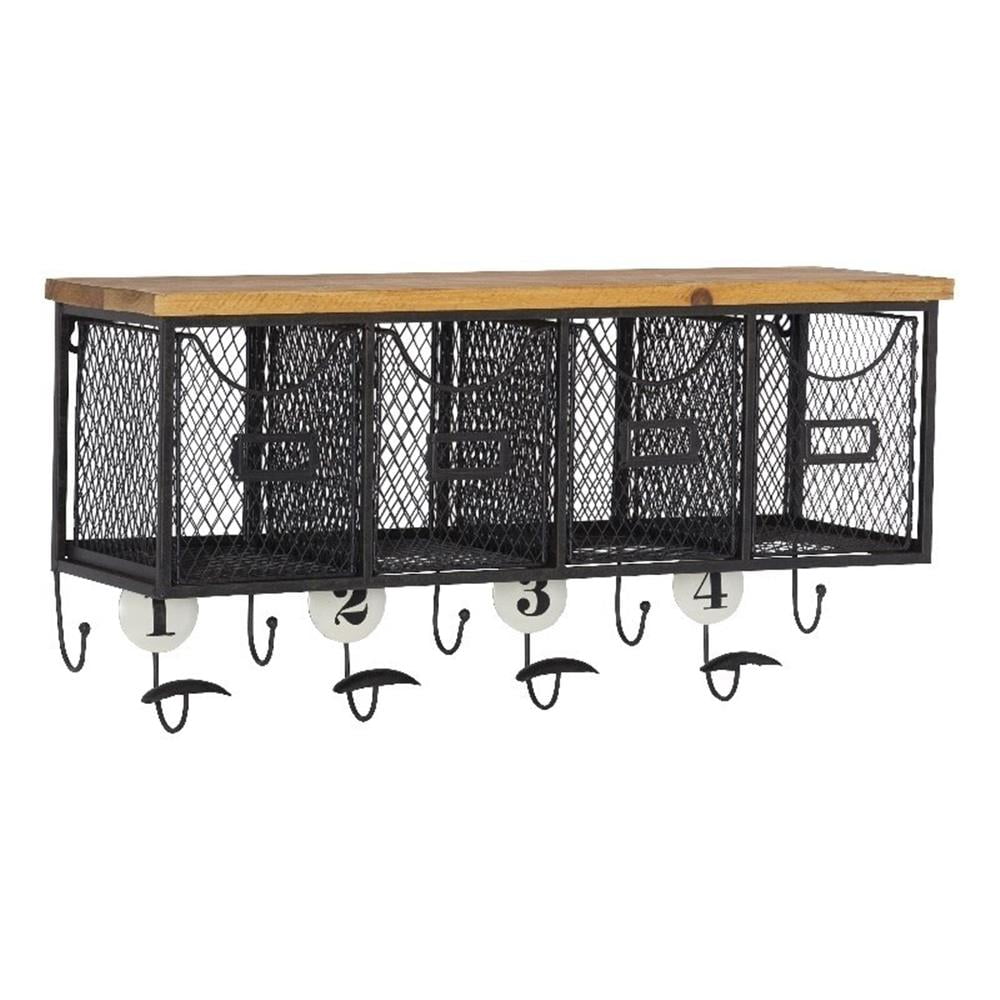 Black and Brown Metal and Wood Wall Organizer with 4 Storage Baskets