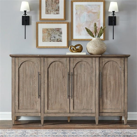 Pemberly Row 4 Door Accent Cabinet with Breakfront Styling in Natural Finish