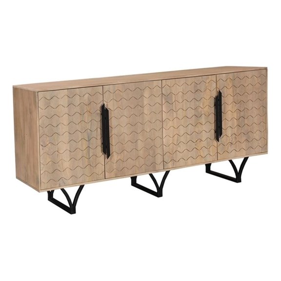 Pemberly Row 4-Door Geometric Pattern Solid Wood Sideboard in Beige