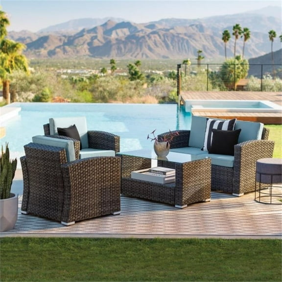 Pemberly Row 4 PC Resin Wicker Conversation Set in Dark Brown/Light Blue Cushion