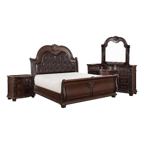 Pemberly Row 4 Pc Queen Sleigh Bedroom Set with Marble Tops in Dark Cherry Brown
