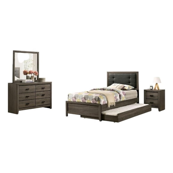 Pemberly Row 4 Pc Twin Size Bed Set with Dresser in Dark Gray Solid Wood Frame