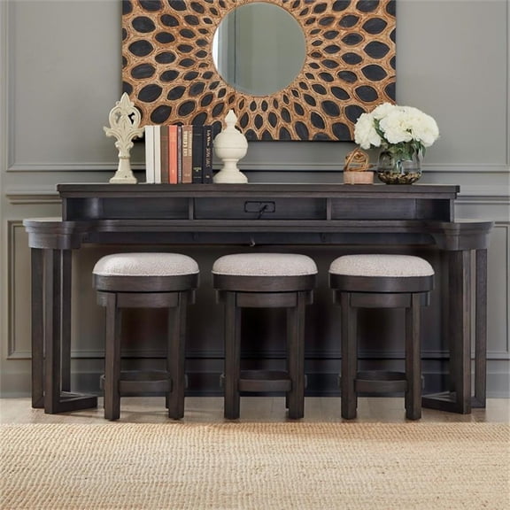 Pemberly Row 4 Piece Charging Console Table Set with 3 Stools in Peppercorn