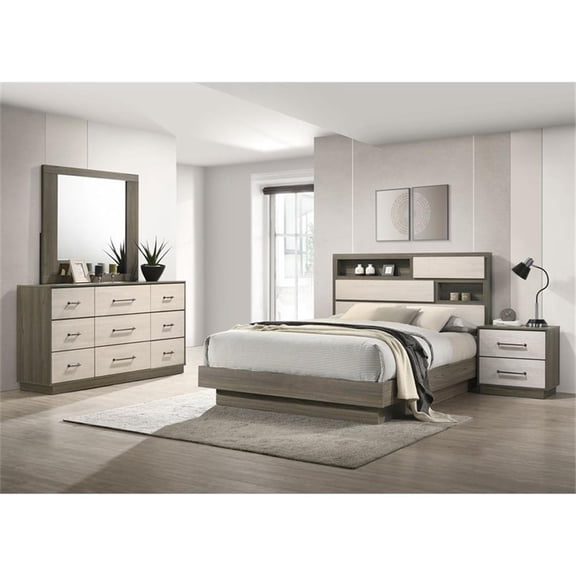 Pemberly Row 4-Piece Eastern King Bookcase Bedroom Set in Grey Oak