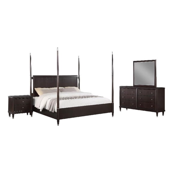 Pemberly Row 4 Piece Queen Poster Bedroom Set in Modern Dark Brown