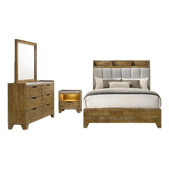 Pemberly Row 4-Piece Rustic Queen Bedroom Set in Medium Oak Brown
