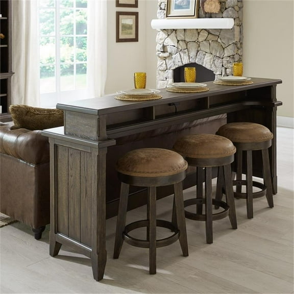 Pemberly Row 4 Piece Set of Console Bar Table & 3 Uph Console Stools in Brown