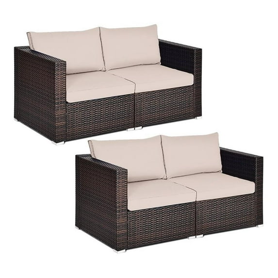 Pemberly Row 4 Pieces Rattan Patio Corner Sofa Sectional with Cushion in Beige
