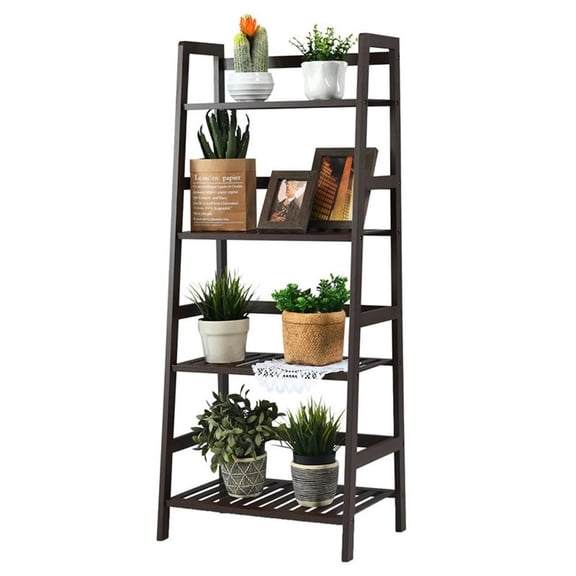 Pemberly Row 4-Tier Bamboo Ladder Shelf Plant Stand Rack Bookshelf in Brown