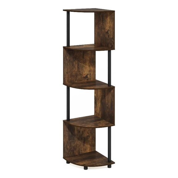 Pemberly Row 4-Tier Zigzag Corner Shelf Bookcase in Bookshelf Amber Pine/Black