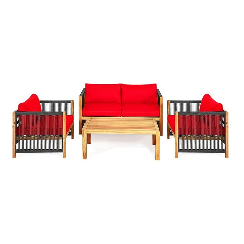 Red Acacia Wood Outdoor Patio Sofa Set with Cushions