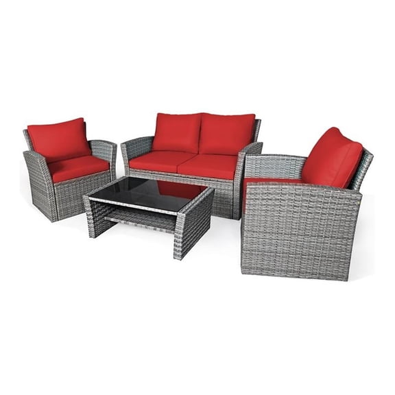 Pemberly Row 4-piece Rattan Patio Furniture Set with Storage Shelf in Red