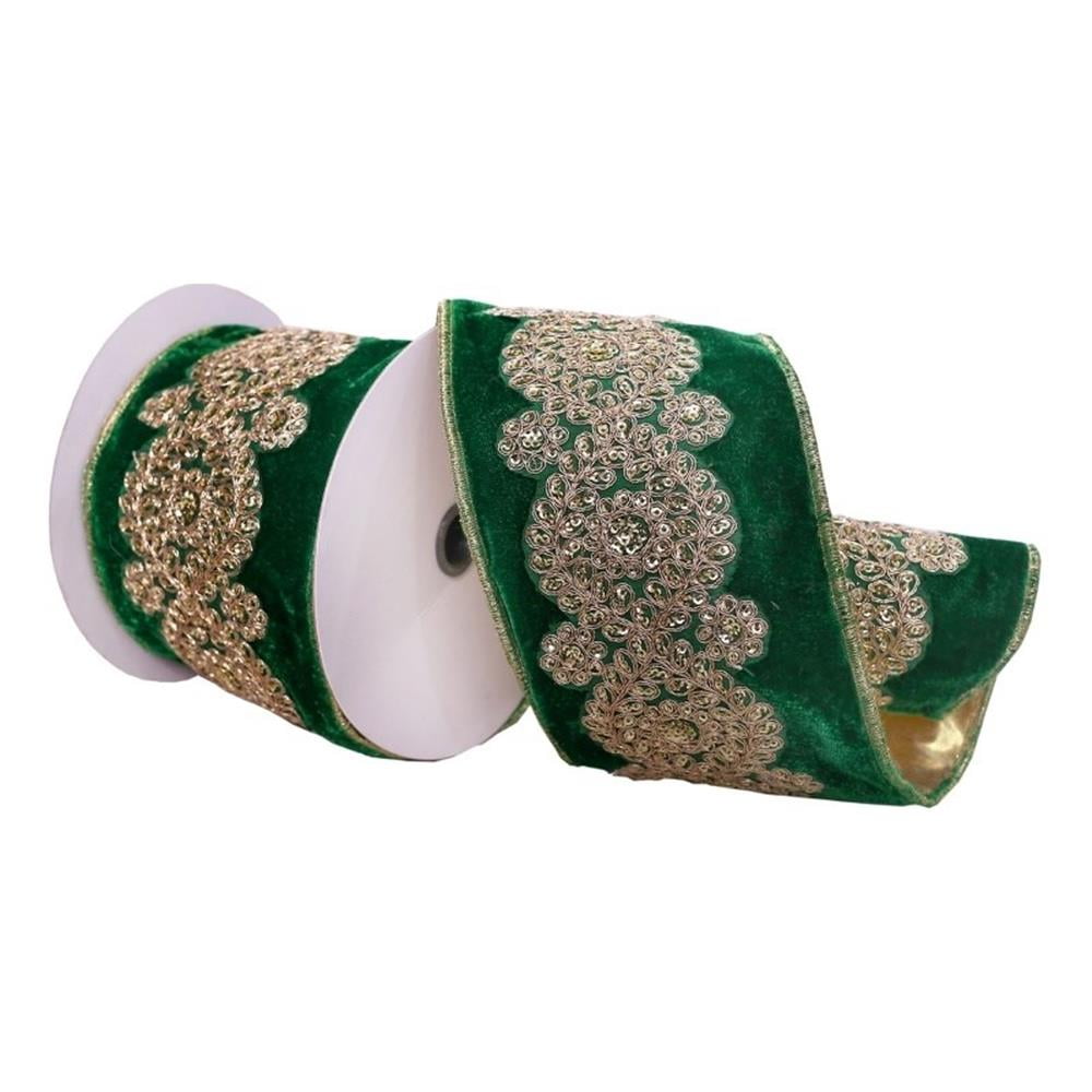 Pemberly Row 4" x 5 Yards Emerald Velvet Ribbon w/ Light Gold Sequin Embroidery
