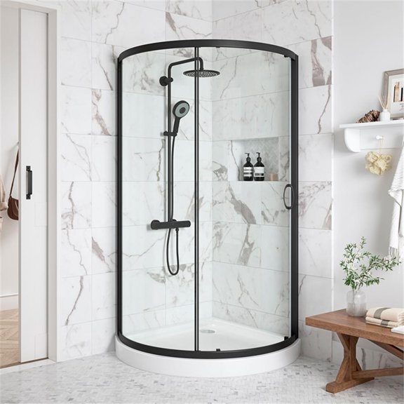 Pemberly Row 40" Round Corner Shower Kit in Black Clear Base Only