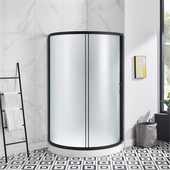 Pemberly Row 40" Round Corner Shower Kit in Black Frosted Base Only