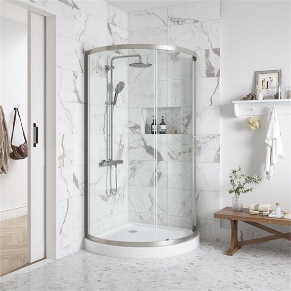 Pemberly Row 40" Round Corner Shower Kit in Satin Nickel Clear Base Only