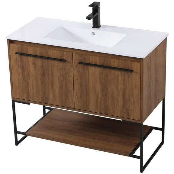 Pemberly Row 40" Single Porcelain Top Bathroom Vanity in Walnut Brown